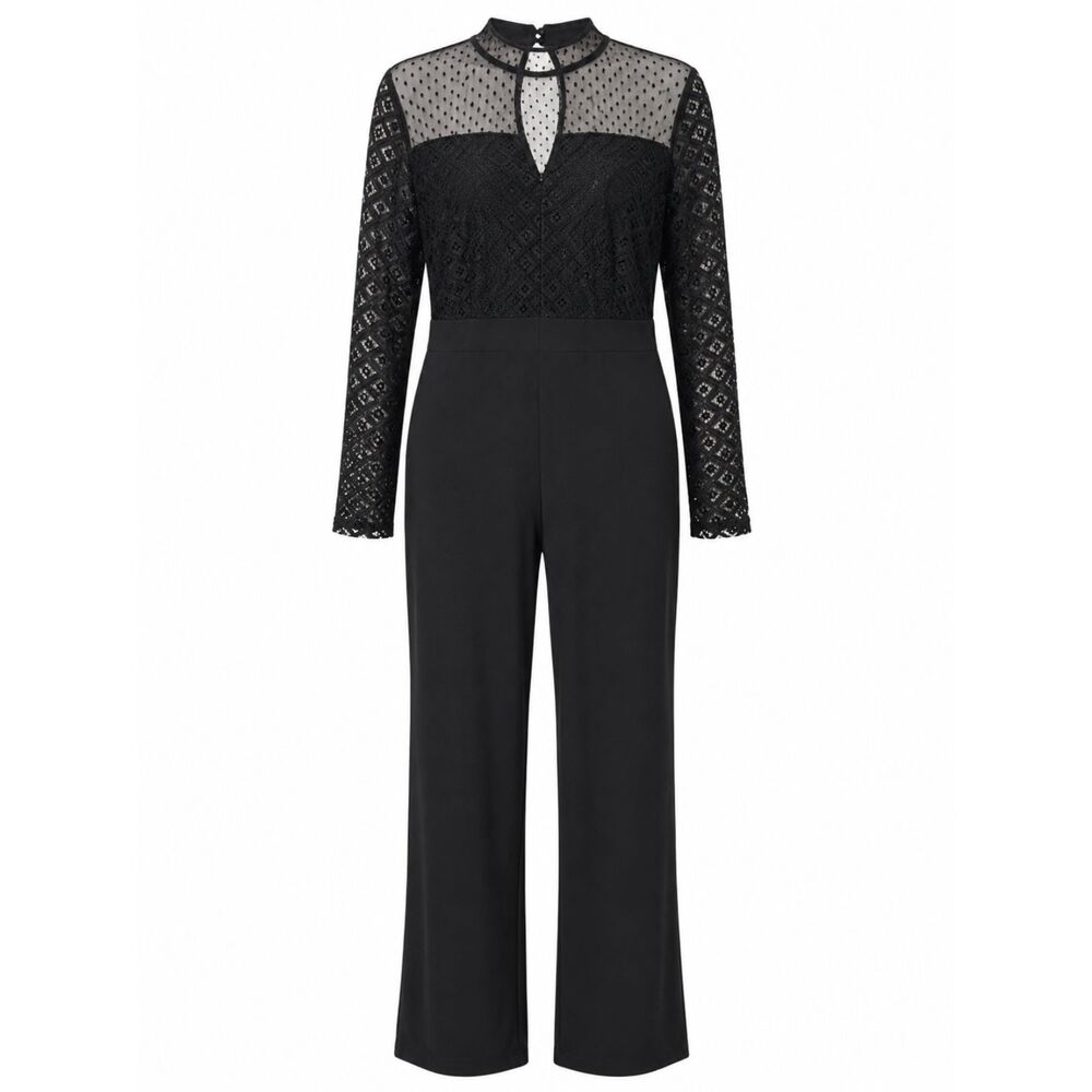 Lost Ink Black Lace Mesh Long Sleeve Jumpsuit Women's Plus Size 1X